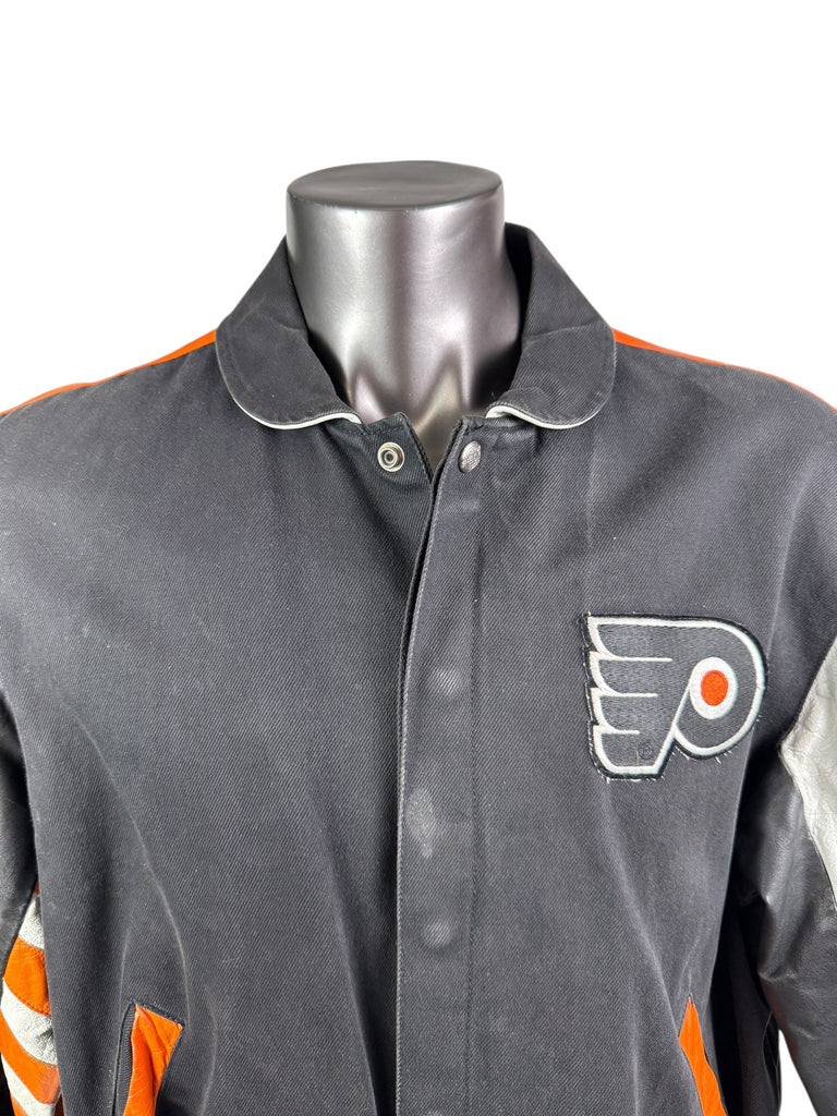 PHILADELPHIA FLYERS VINTAGE 1990'S JEFF HAMILTON LEATHER SNAP-UP 205 JACKET ADULT LARGE