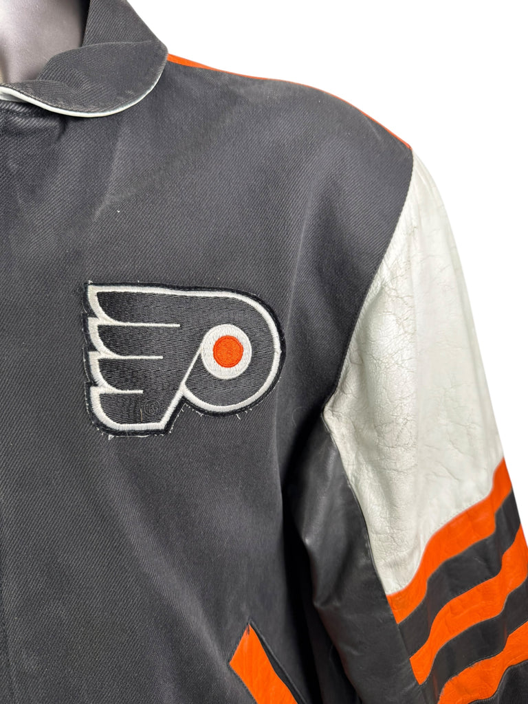 PHILADELPHIA FLYERS VINTAGE 1990'S JEFF HAMILTON LEATHER SNAP-UP 205 JACKET ADULT LARGE