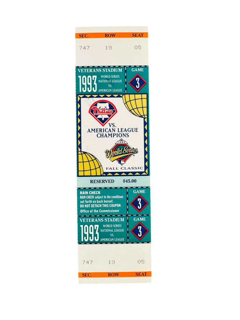 PHILADELPHIA PHILLIES 1993 WORLD SERIES GAME 3 TICKET 10/19/93 VETERANS STADIUM