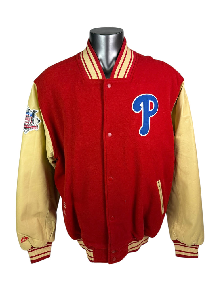 PHILADELPHIA PHILLIES RETRO VARSITY WINTER SNAP-UP LEATHER MAJESTIC JACKET ADULT 2XL