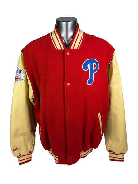 PHILADELPHIA PHILLIES RETRO VARSITY WINTER SNAP-UP LEATHER MAJESTIC JACKET ADULT 2XL