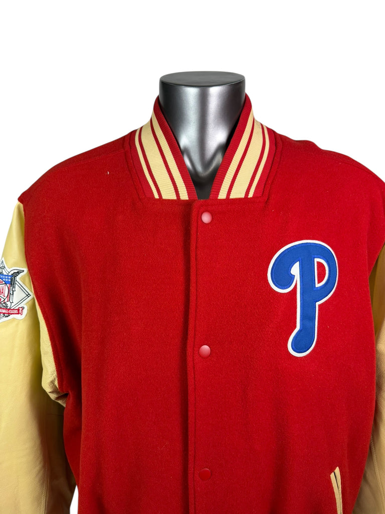 PHILADELPHIA PHILLIES RETRO VARSITY WINTER SNAP-UP LEATHER MAJESTIC JACKET ADULT 2XL