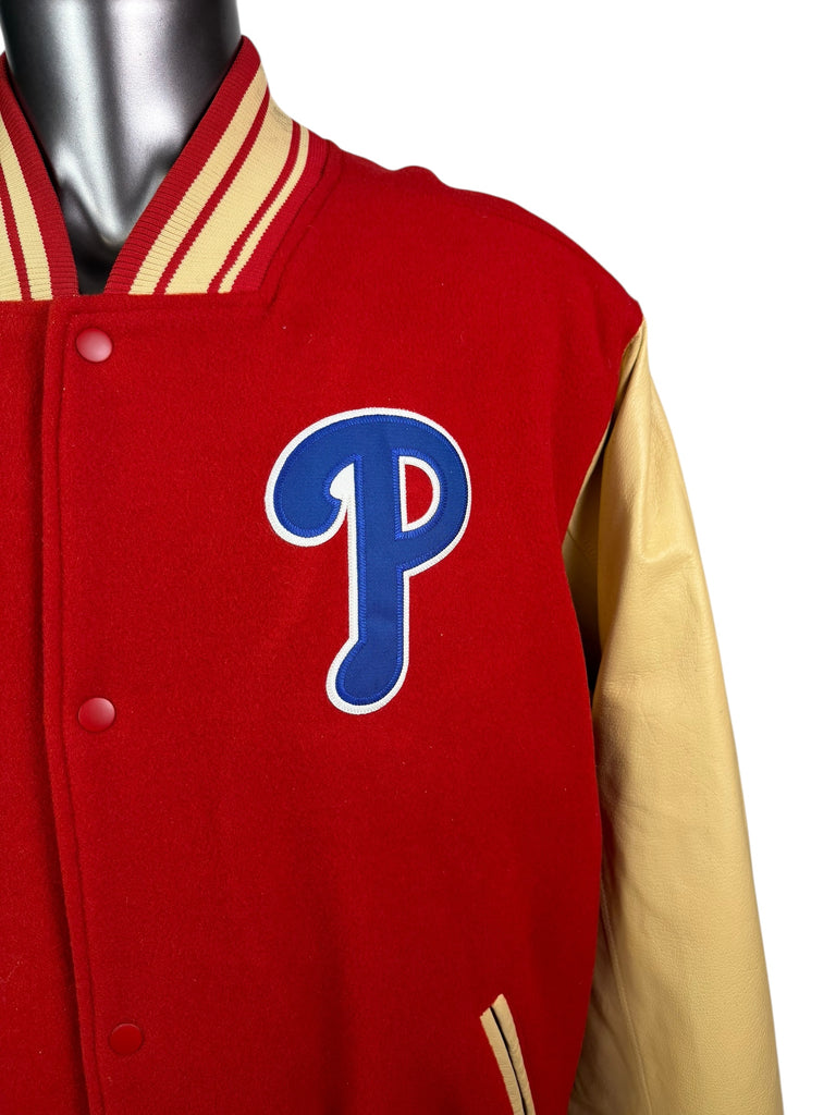 PHILADELPHIA PHILLIES RETRO VARSITY WINTER SNAP-UP LEATHER MAJESTIC JACKET ADULT 2XL