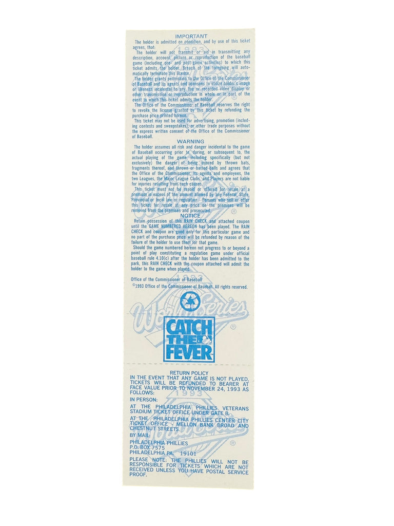 PHILADELPHIA PHILLIES 1993 WORLD SERIES GAME 3 TICKET 10/19/93 VETERANS STADIUM