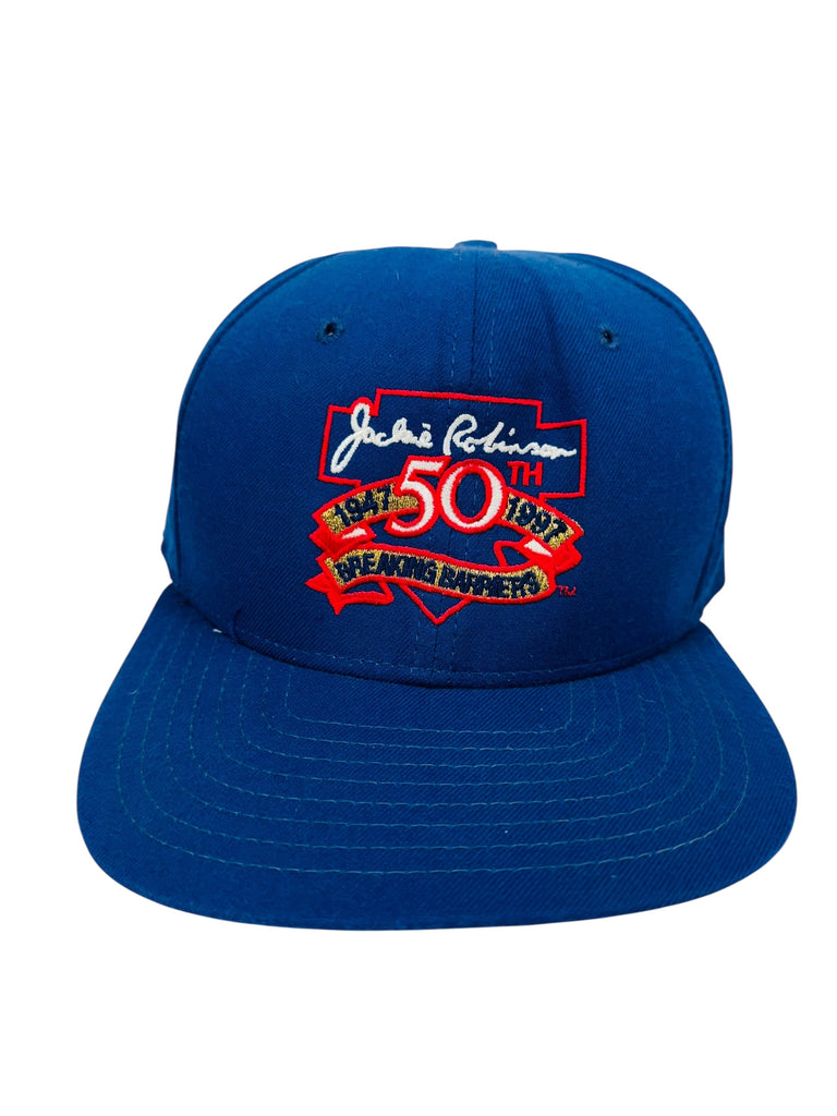 JACKIE ROBINSON VINTAGE 1990'S 50TH ANNIVERSARY BREAKING BARRIERS NEW ERA SNAPBACK ADULT HAT M / L