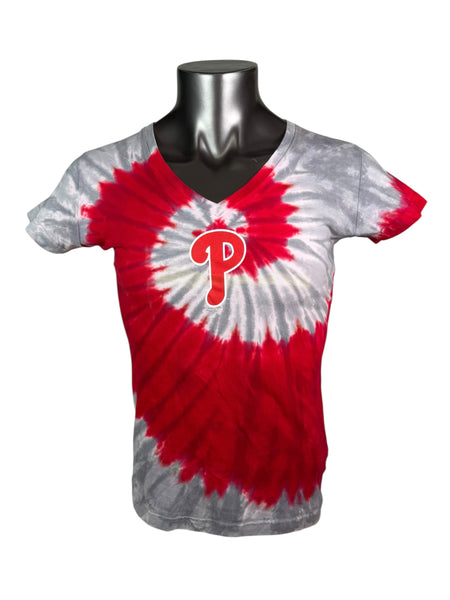 PHILADELPHIA PHILLIES VINTAGE 2000'S TIE DYE V-NECK LIQUID BLUE T-SHIRT WOMEN'S XL