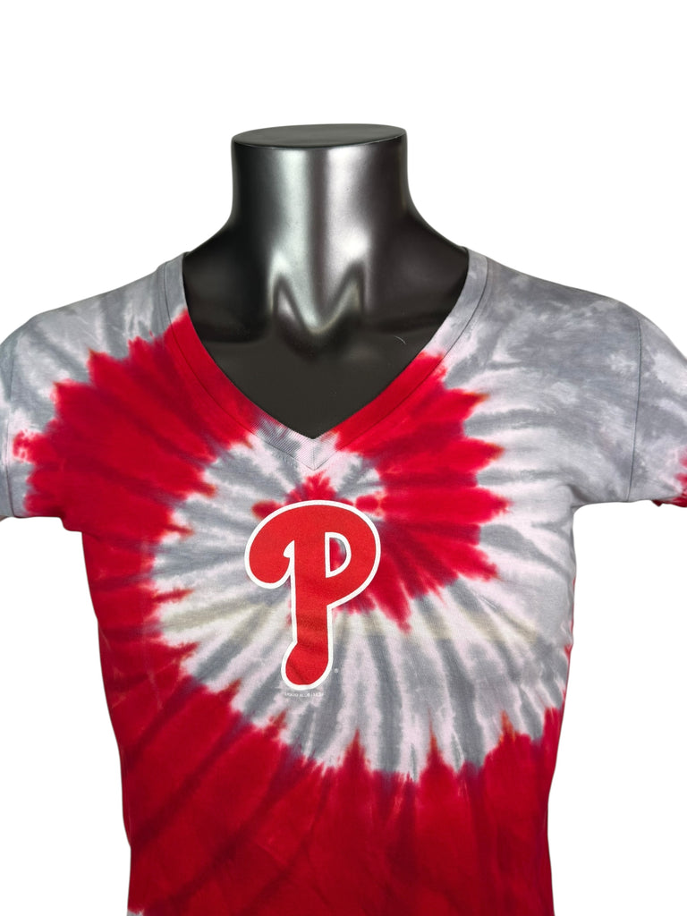 PHILADELPHIA PHILLIES VINTAGE 2000'S TIE DYE V-NECK LIQUID BLUE T-SHIRT WOMEN'S XL