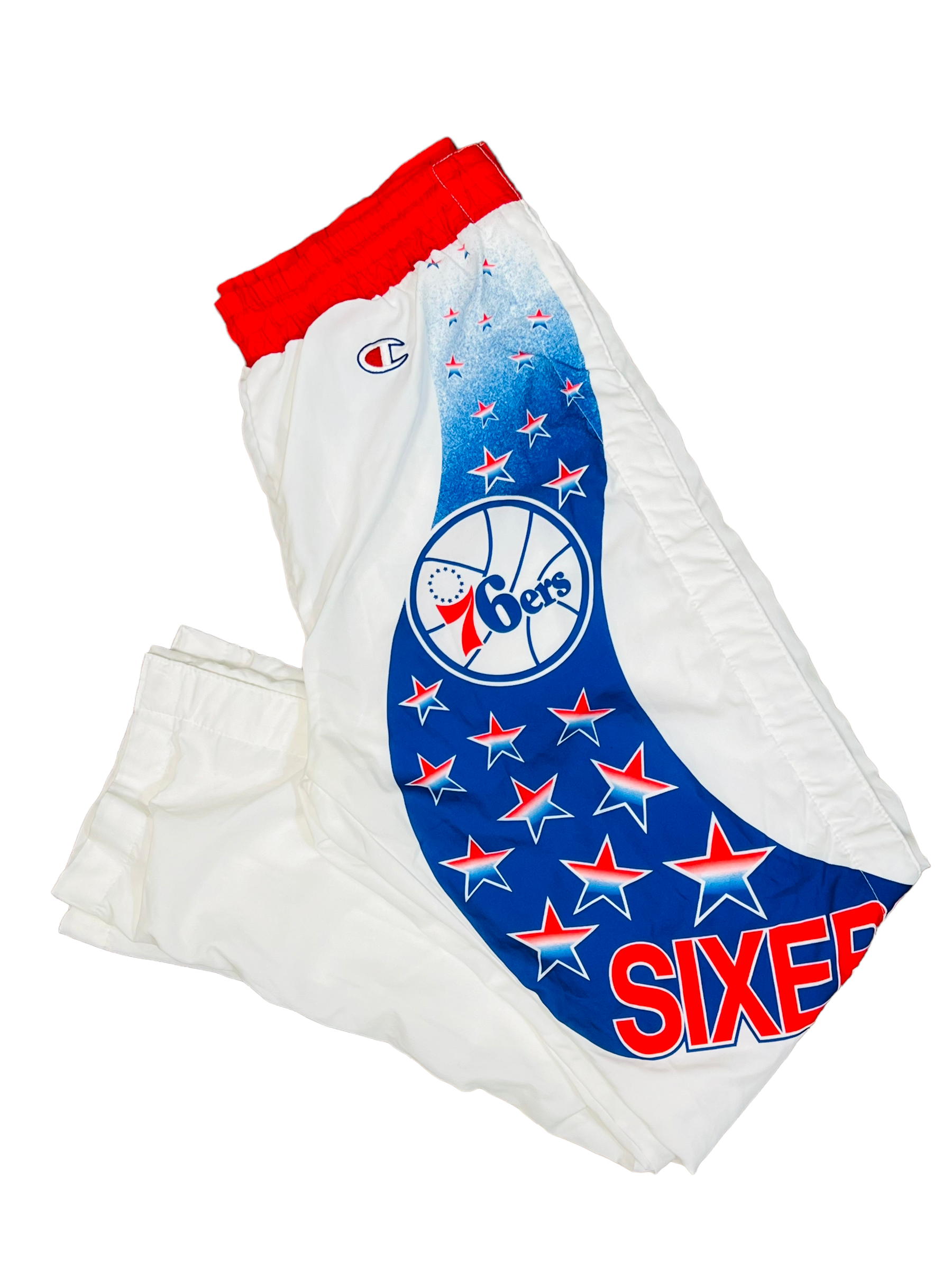 HolySport Philadelphia 76ers Vintage 90s Champion Warm Up Basketball Pants - Hardwood Classics - Red, Blue & White - Men's Size Small 