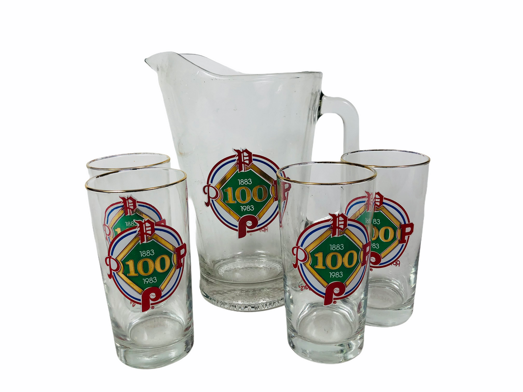 PHILADELPHIA PHILLIES VINTAGE 1983 100TH YEAR ROY ROGERS PITCHER & GLASS SET (4)